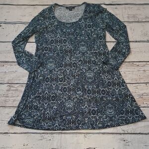 Karen Kane Teal Black Print Scoop Neck Long Sleeve Dress L